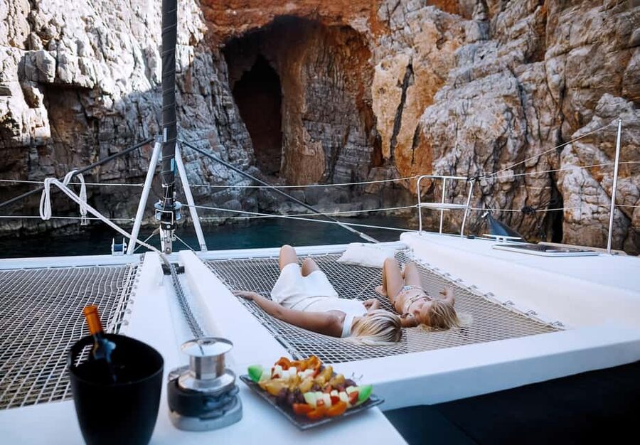 Agios Nikolaos All-inclusive Catamaran Cruise & Water Toys - Spinalonga from the water