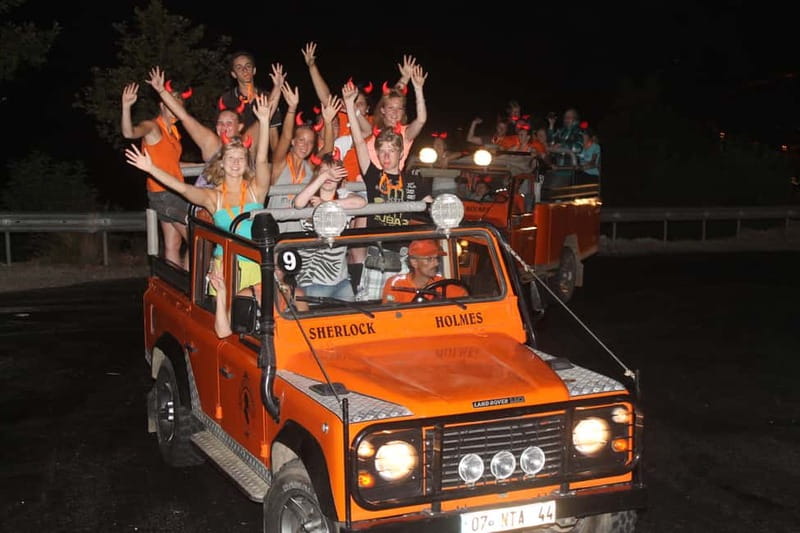 Alanya: Sunset Night Safari with Boat Trip with Dinner - Alanya after dark, with wheels and water