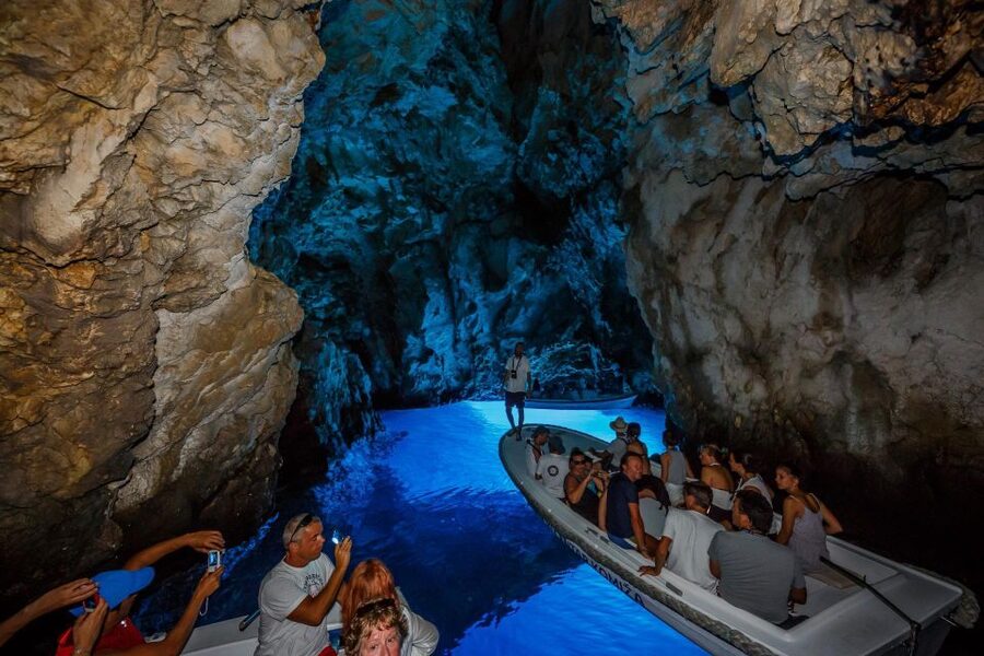 From Split: Blue Cave, Hvar, Mamma Mia, 5 Islands boat Tour - Limestone caves and the approach to Stiniva Cove