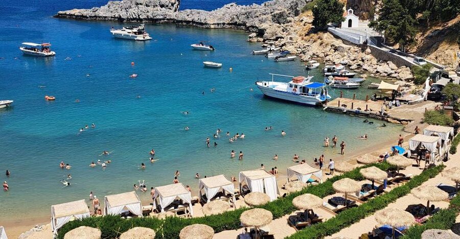 Lindos,Pefkos: All inclusive Swim & Snorkel Boat Cruise - The first stop: swimming into a Lindos cave