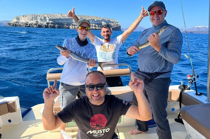 Santorini Fishing Private Cruise boat tour - BBQ, Snorkeling - Santorini from the water