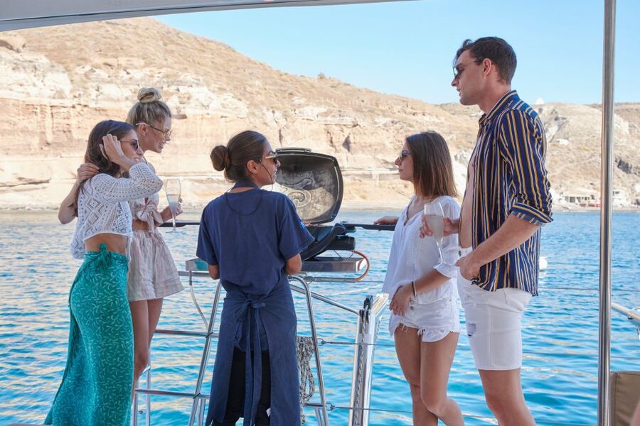 Santorini Gold Catamaran Cruise with Snorkel, BBQ & Open Bar - Caldera villages from the sea