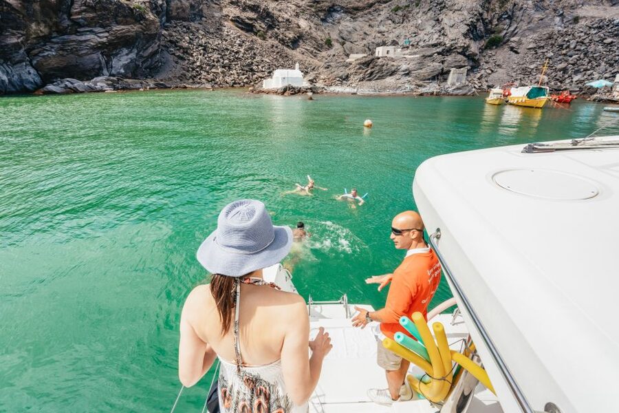 Santorini: Luxury Catamaran Day Trip with Meal and Open Bar - A Greek meal cooked on board