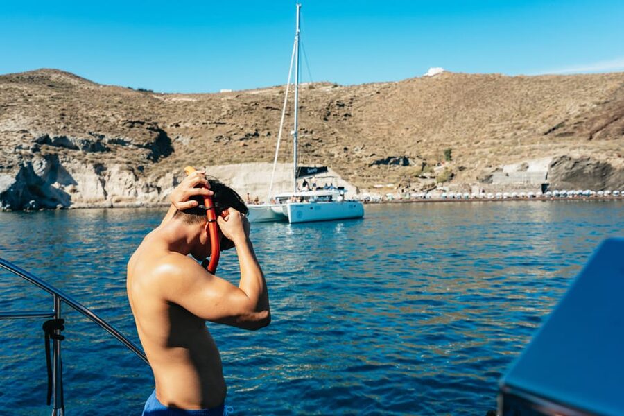 Santorini: Sailing Catamaran Cruise with BBQ and Drinks - Palea Kameni and the hot springs