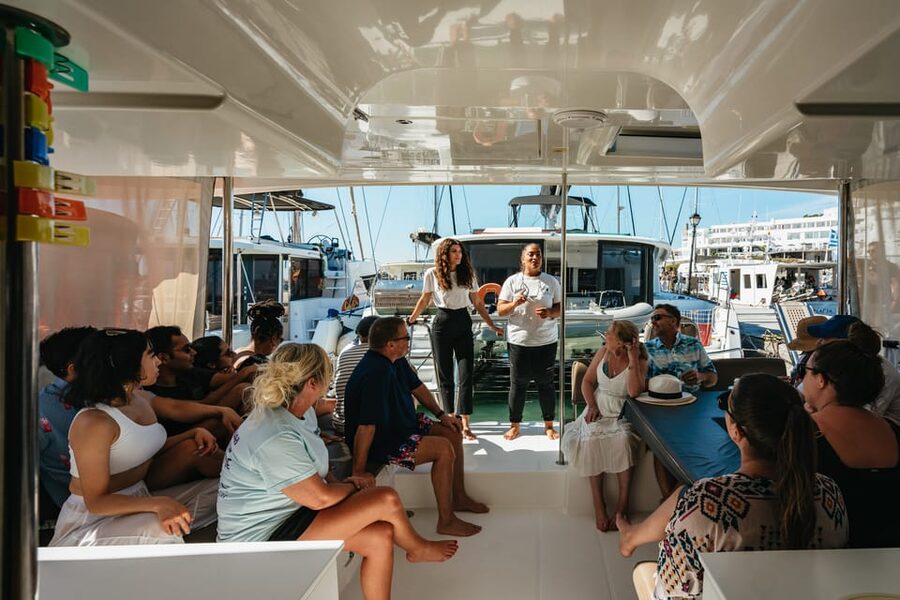 Santorini: Sailing Catamaran Cruise with BBQ and Drinks - Mesa Pigadia, snorkeling, and lunch